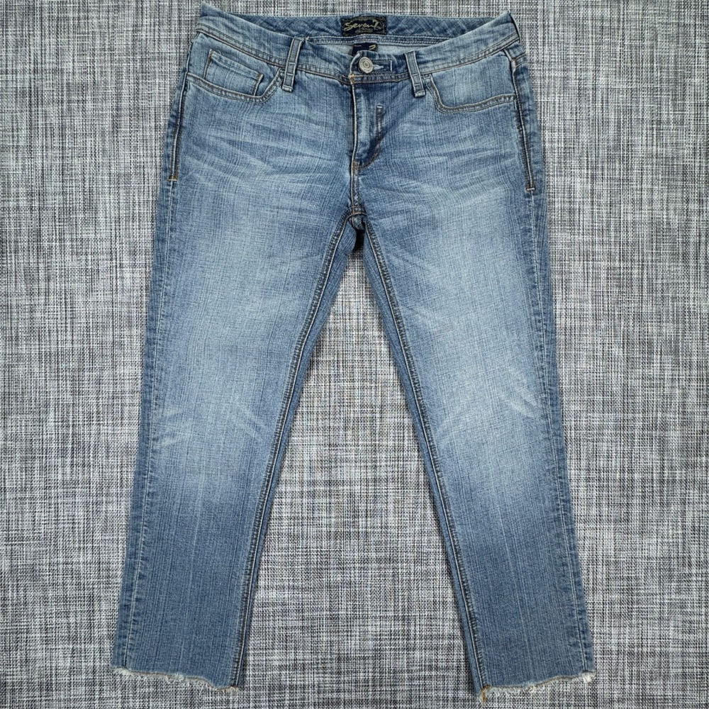 Seven7 Womens Cropped Jeans Raw Hem Embroidered Pockets Blue Size 29 Y2K